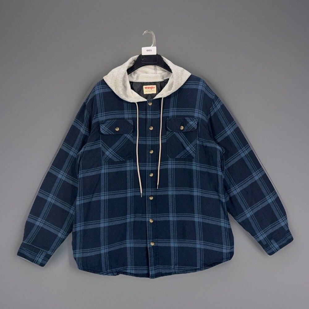 Wrangler Authentics Mens XL Hooded Flannel Shirt Jacket Quilted Lined Blue Plaid